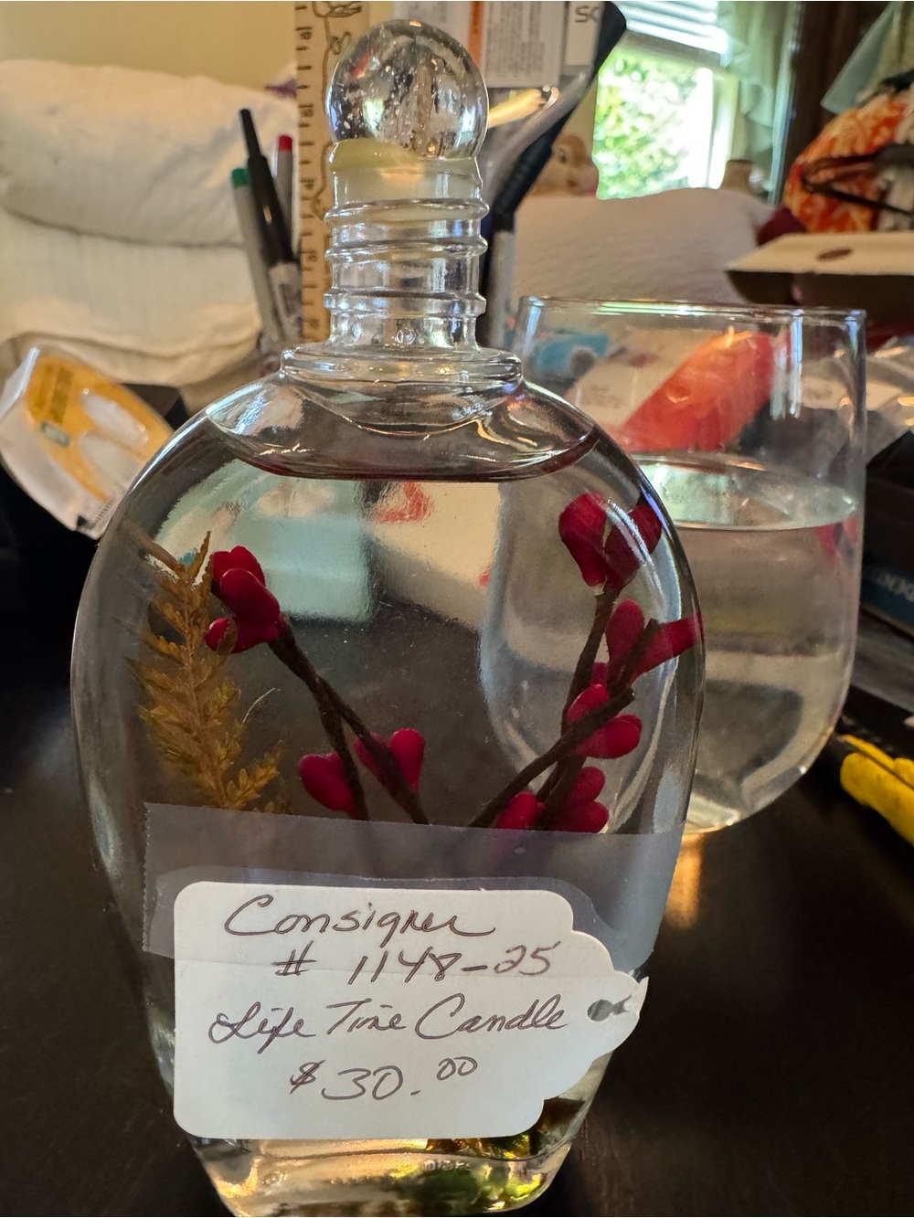 Forever candle Glass Bottle with Pink Floral Accent